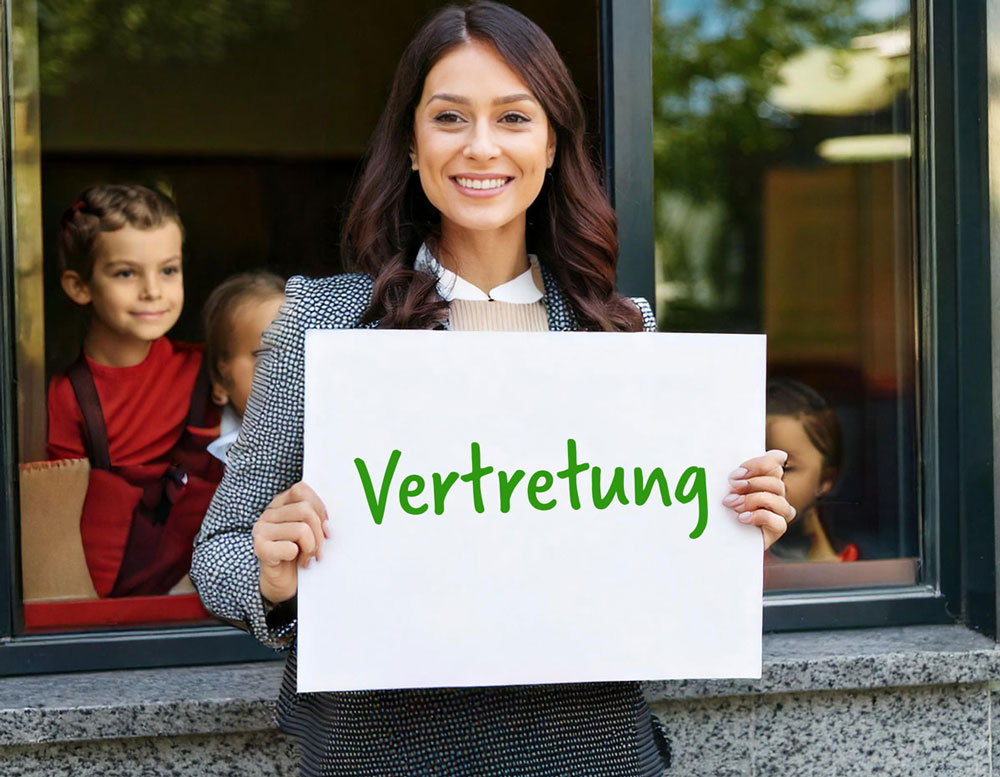 Frau h&auml;lt Schild mit Aufschrift Vertretung